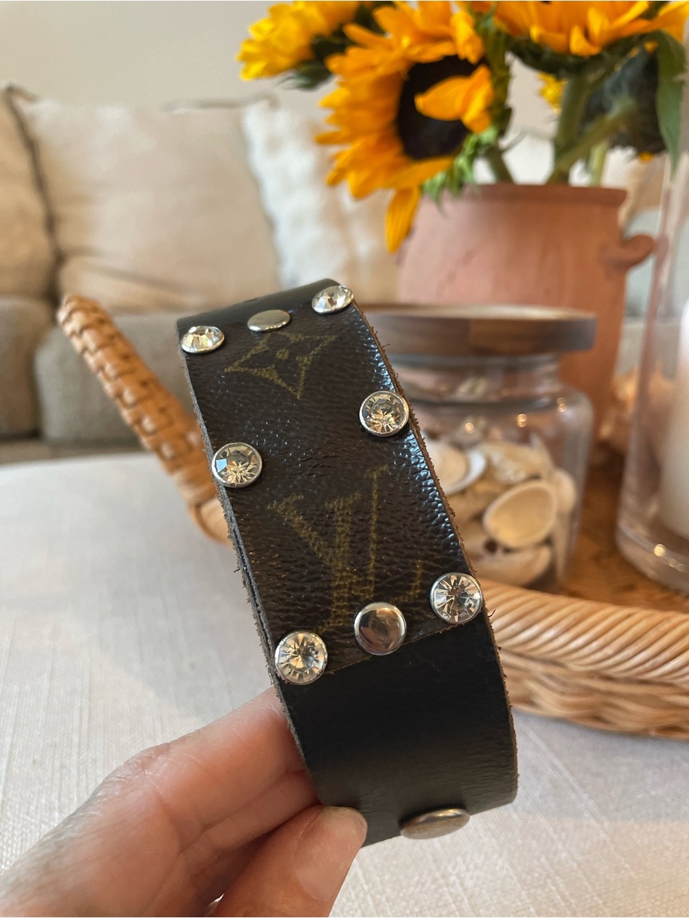 Designer-Inspired Black Leather Cuff Bracelet with Crystal Studs